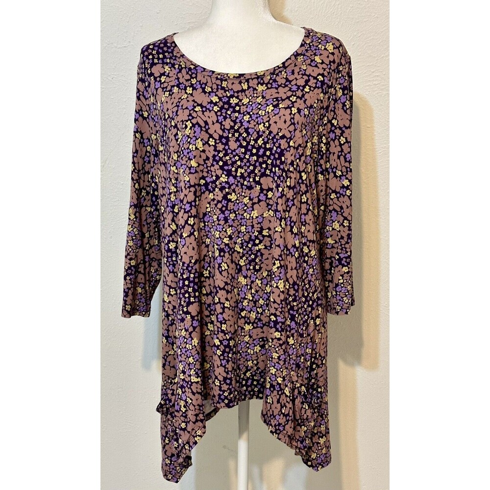 LOGO By Lori Goldstein Women Size XL Purple Ditzy Floral 3/4 Sleeve Tunic Boho